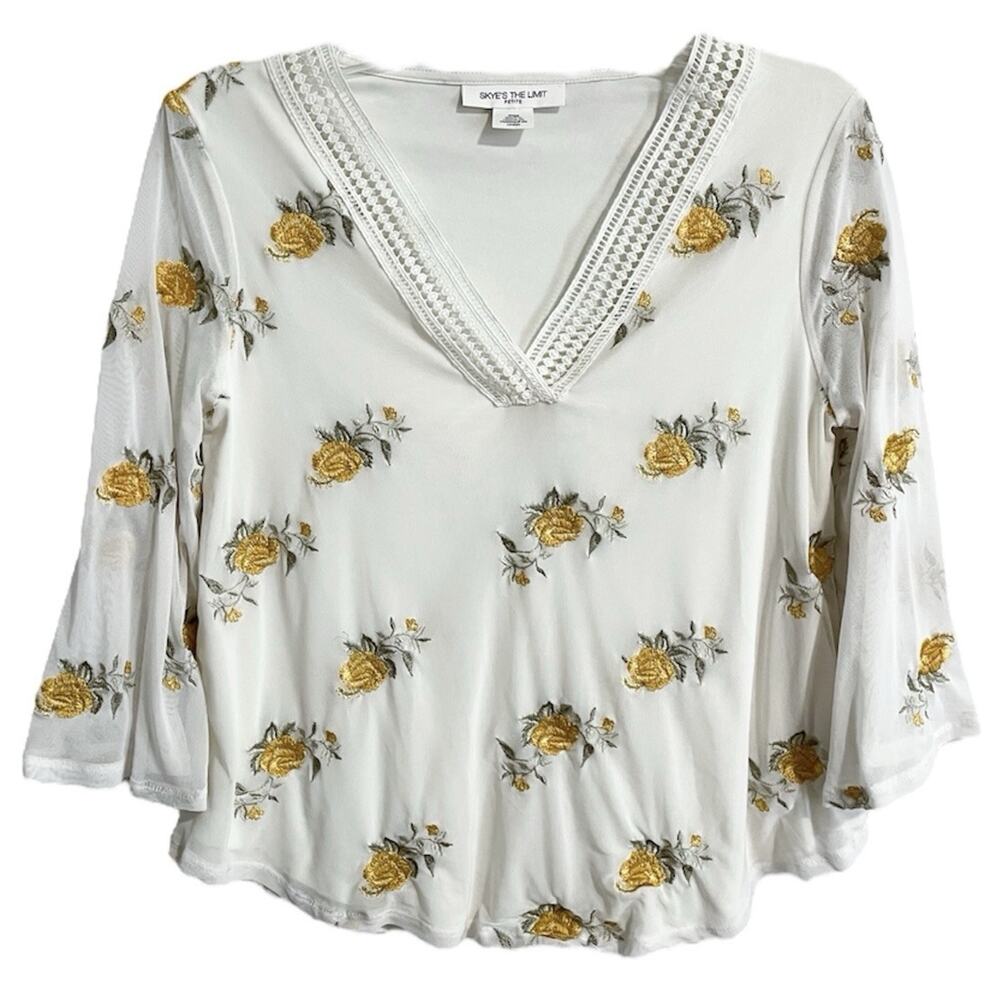 Boho Hippie Fairy Floral Embroidered Top M Petite Skyes The Limit Flare Sleeve